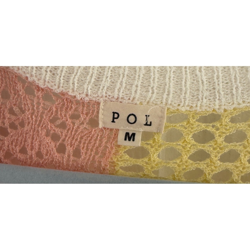 POL Clothing Women Colorblock Patchwork Crochet V-Neck Sweater Pink Yellow M - Picture 7 of 7